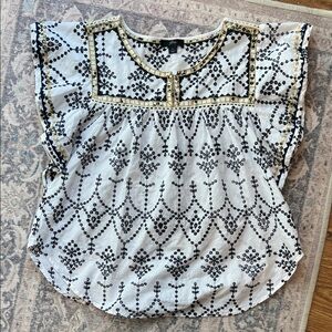 J.Crew Embroidered Navy and White Flutter Sleeve Women's Top